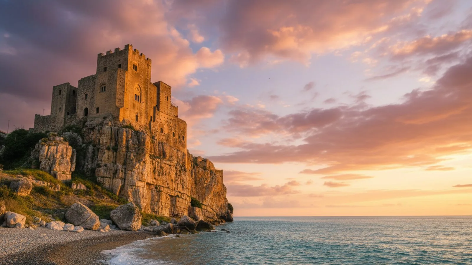 Il Castello Federiciano di Roseto Capo Spulico sulla roccia a picco sul mare, al tramonto